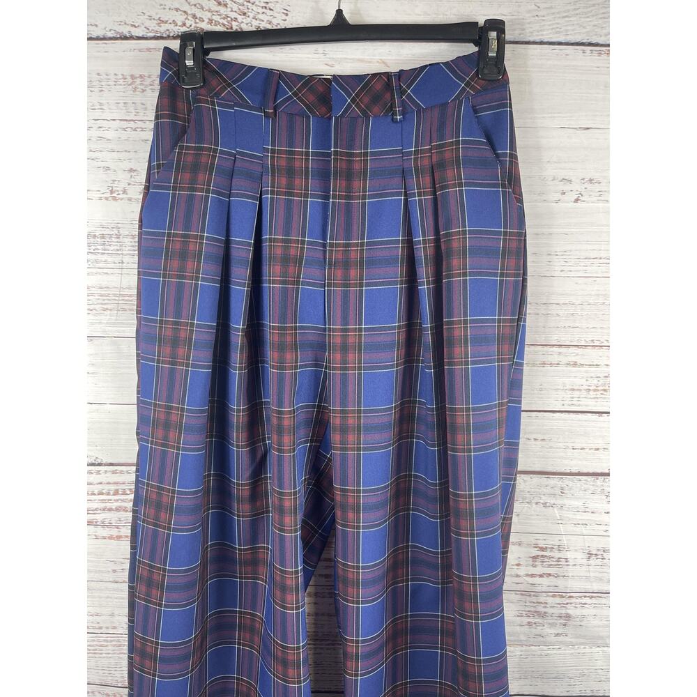 Maeve Anthropologie Pants Women's Small Blue Plaid Wide Leg Elastic Waist Dress - Picture 2 of 11